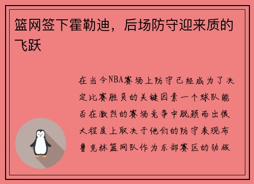 篮网签下霍勒迪，后场防守迎来质的飞跃